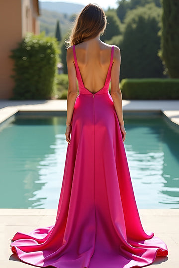 Fuchsia A Line Spaghetti Straps Satin Long Formal Dress with Slit